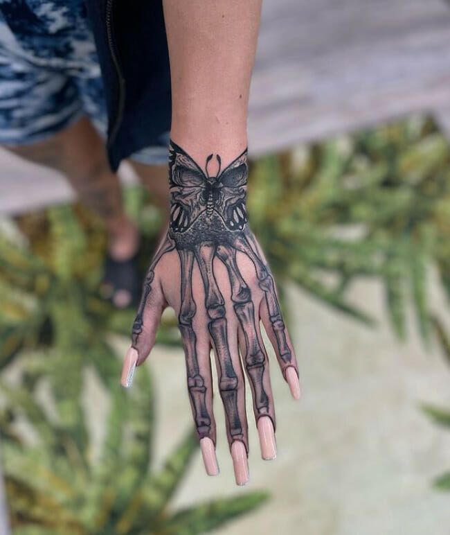 28 Skeleton Hand Tattoo Ideas Designs for Guy and Girl, Floral, Butterfly, Red ink and Full Body