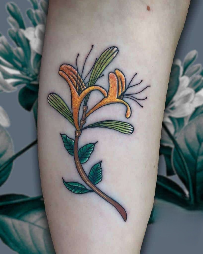29 Honeysuckle Tattoo Ideas with Fine Line, Neo Traditional, Coral, and American Traditional Designs