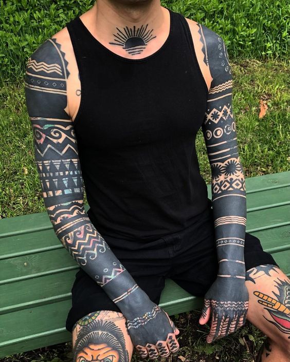 Discover Bold Blackout Tattoo Ideas : Full Sleeve, Geometric, Abstract, with White Ink