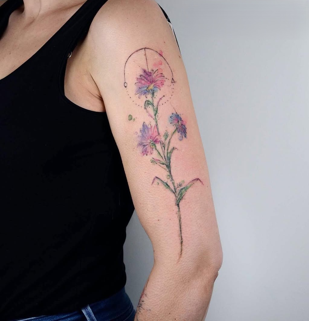 25 September Birth Flower Tattoo Ideas : Aster Designs with Name, Color, Spine, and Memorial Ink Styles