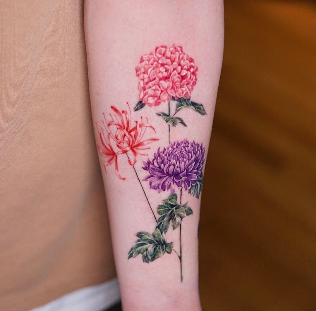 27 November Birth Flower Tattoo Ideas Featuring Chrysanthemums, Peony, Fine Line Designs