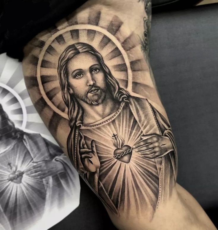 25 Jesus Tattoo Ideas : Sacred Heart, Virgin Mary, Fine Line, Sleeve for Women, Back, Forearm