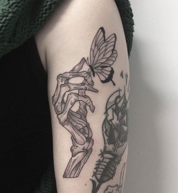 28 Skeleton Hand Tattoo Ideas Designs for Guy and Girl, Floral, Butterfly, Red ink and Full Body
