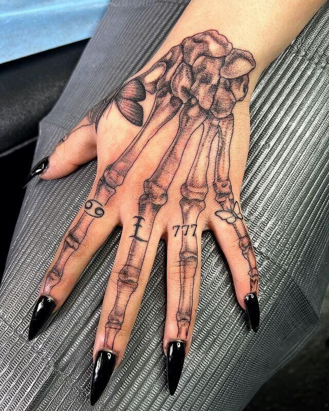 28 Skeleton Hand Tattoo Ideas Designs for Guy and Girl, Floral, Butterfly, Red ink and Full Body