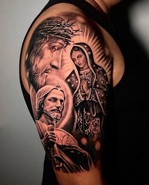 25 Jesus Tattoo Ideas : Sacred Heart, Virgin Mary, Fine Line, Sleeve for Women, Back, Forearm