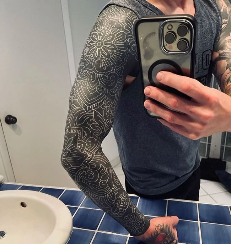 Discover Bold Blackout Tattoo Ideas : Full Sleeve, Geometric, Abstract, with White Ink