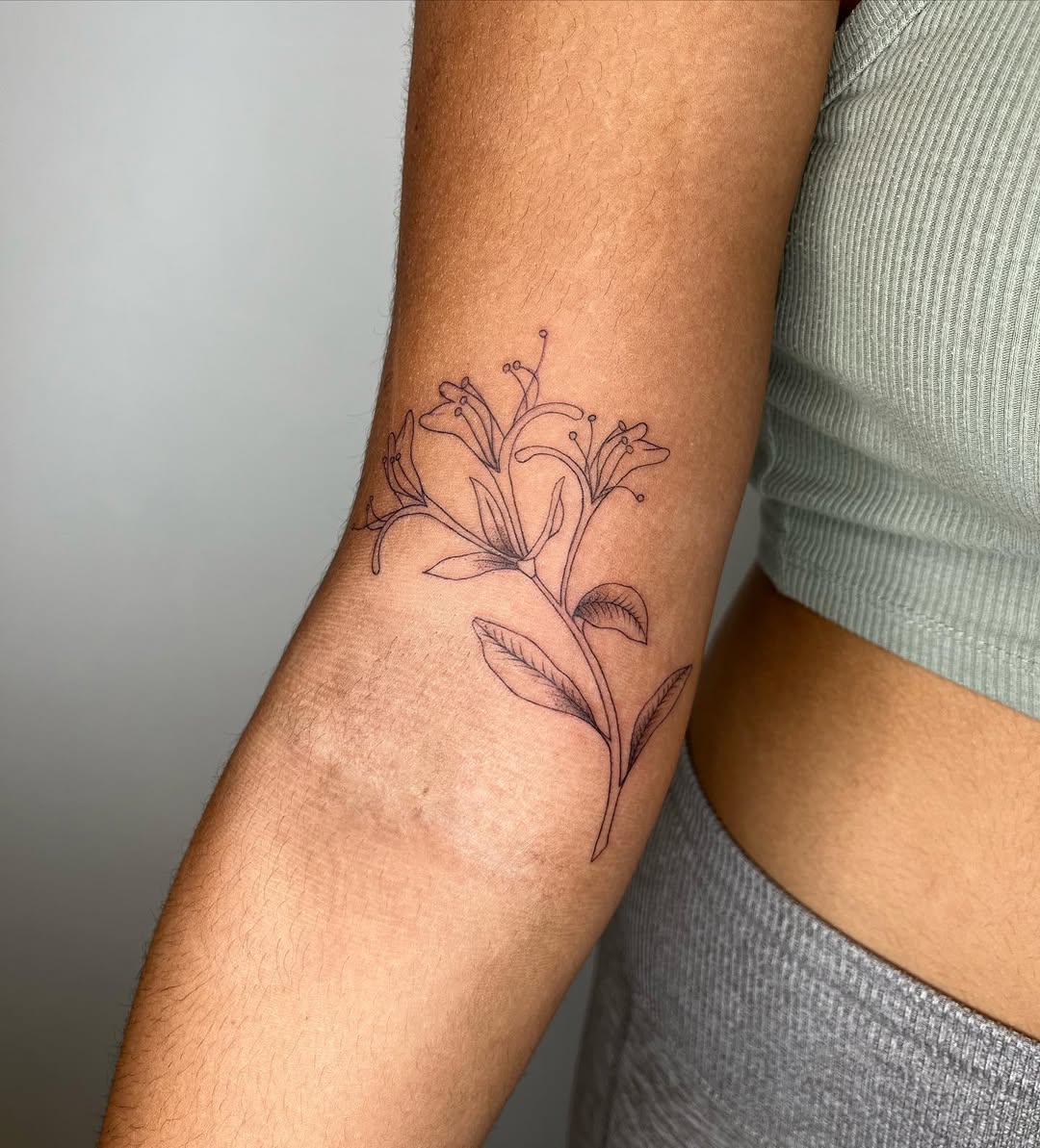 29 Honeysuckle Tattoo Ideas with Fine Line, Neo Traditional, Coral, and American Traditional Designs