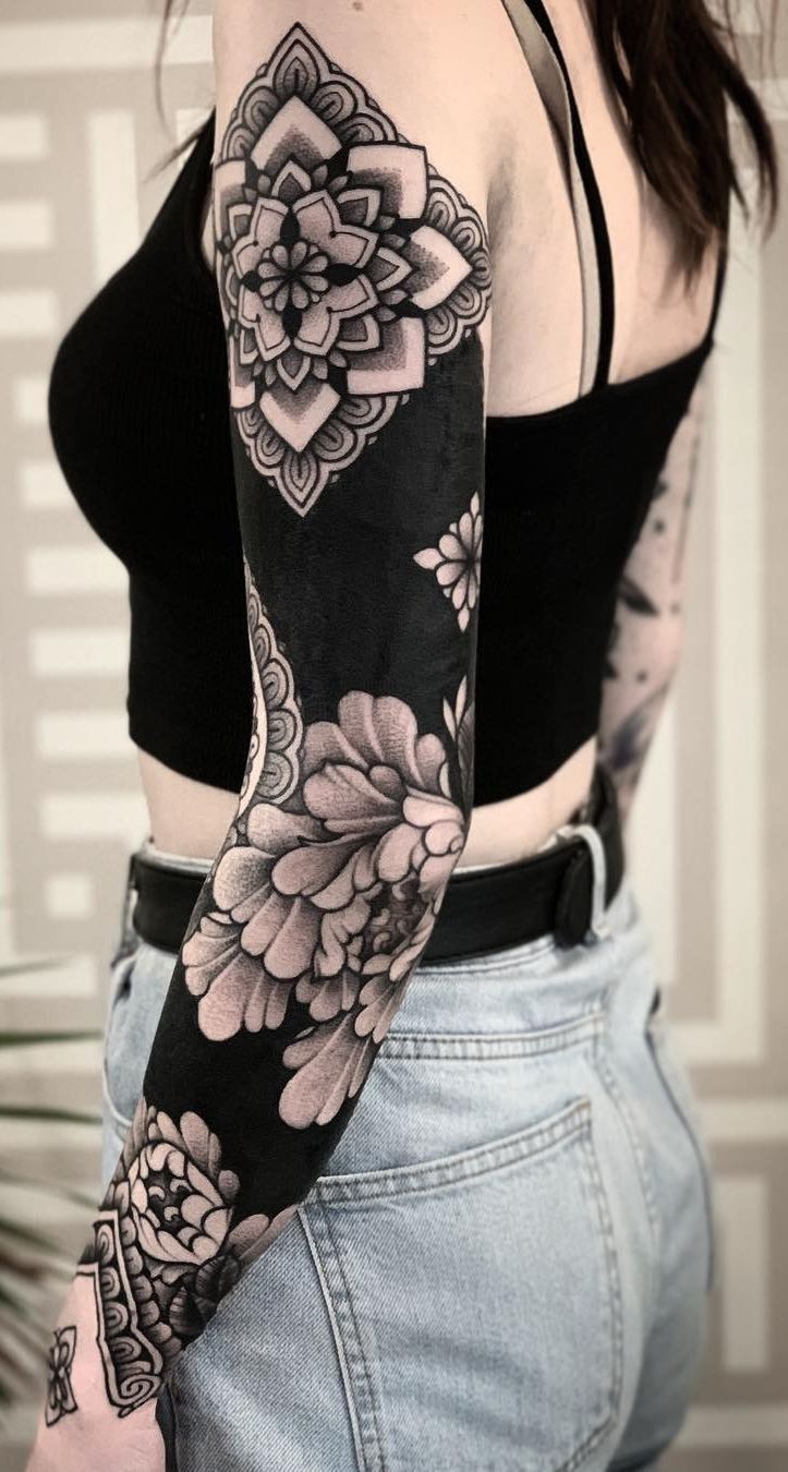 Discover Bold Blackout Tattoo Ideas : Full Sleeve, Geometric, Abstract, with White Ink