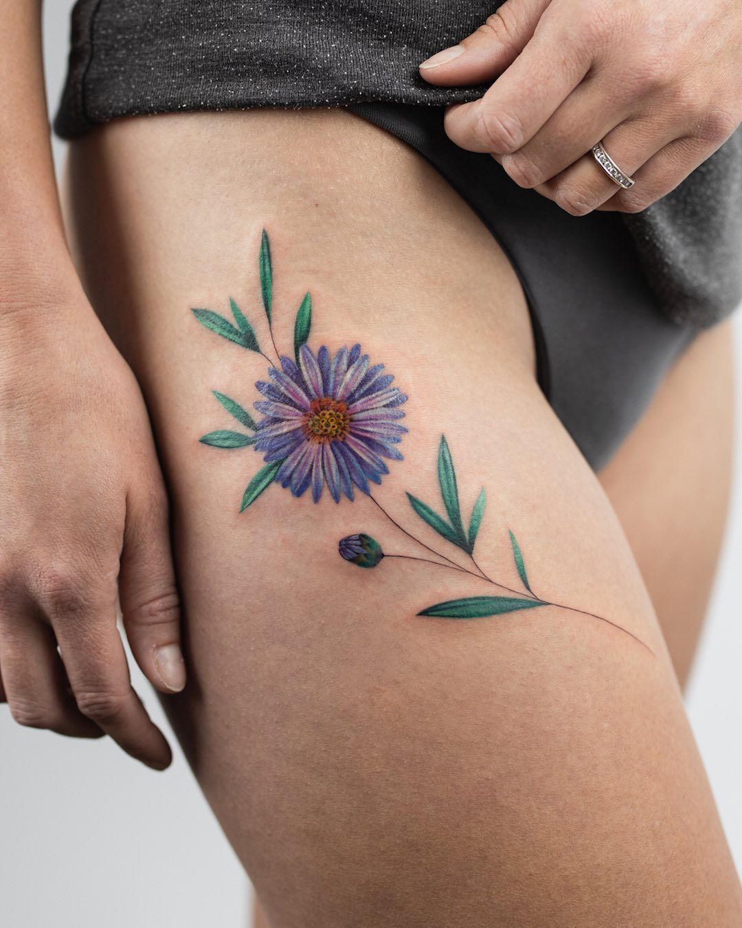 25 September Birth Flower Tattoo Ideas : Aster Designs with Name, Color, Spine, and Memorial Ink Styles