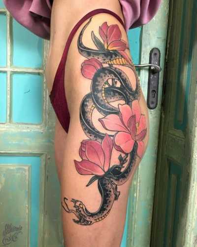 29 Snake and Flower Tattoos Ideas
