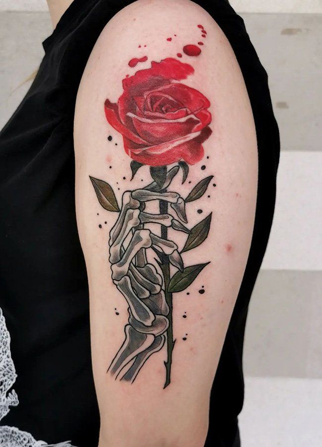 28 Skeleton Hand Tattoo Ideas Designs for Guy and Girl, Floral, Butterfly, Red ink and Full Body