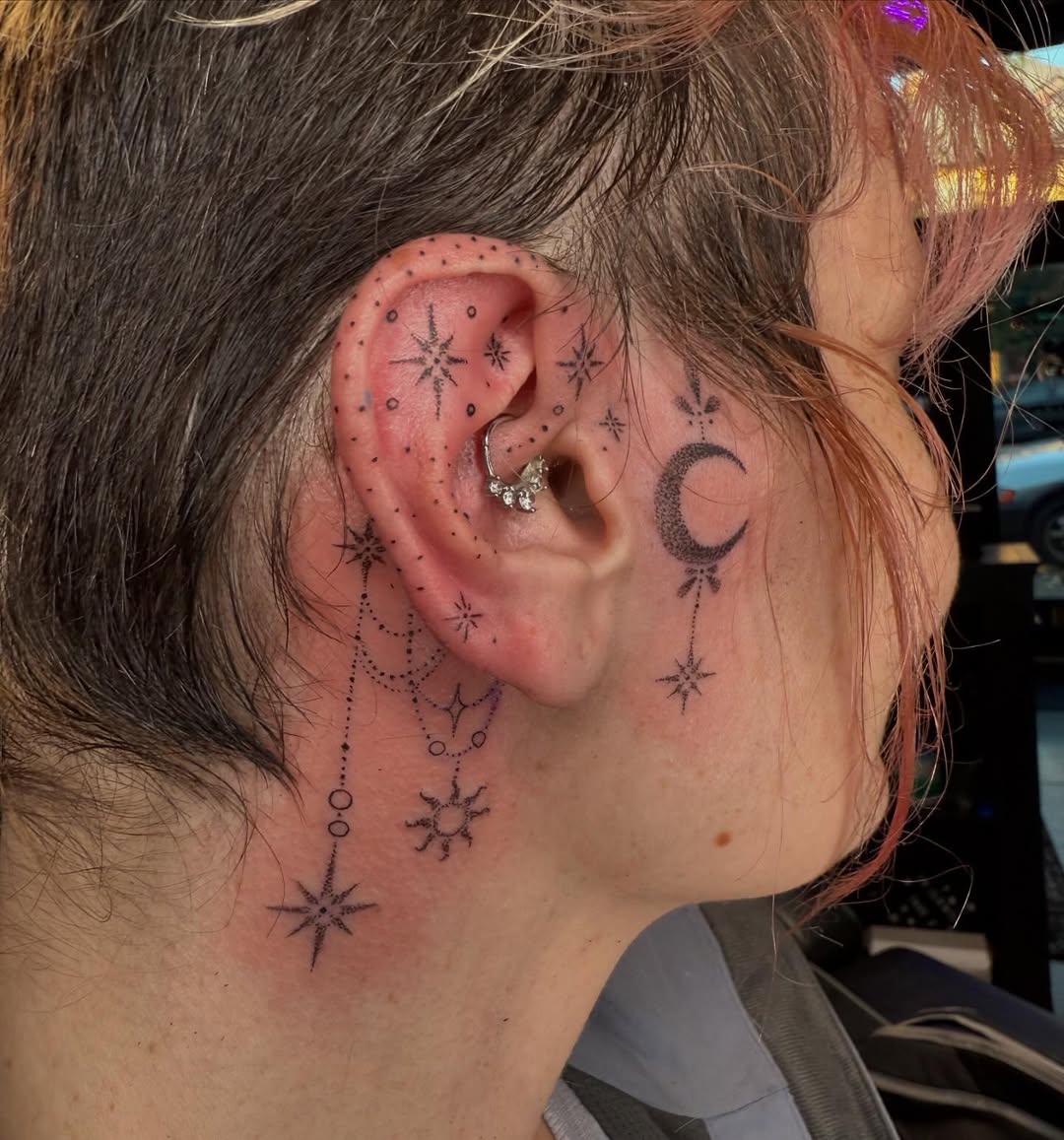 28 Ear Tattoo Ideas for Women and Men with Piercings Inner, Behind, Side, Fine Line, Flowers, Mandala, Moon, Rose, Cross, Stars, Spider Web
