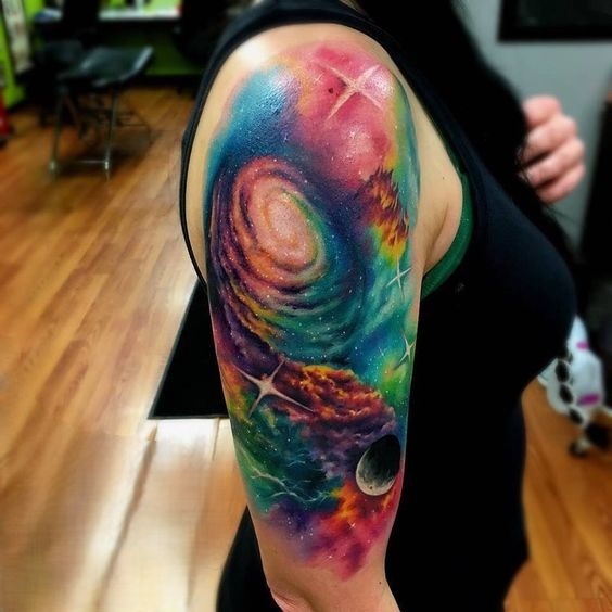 27 Galaxy Tattoo Ideas with Sleeve Designs, Black and Grey, and Cosmic Color Concepts