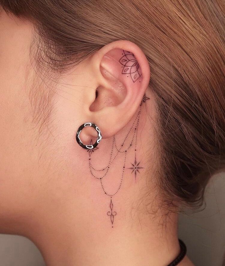 28 Ear Tattoo Ideas for Women and Men with Piercings Inner, Behind, Side, Fine Line, Flowers, Mandala, Moon, Rose, Cross, Stars, Spider Web