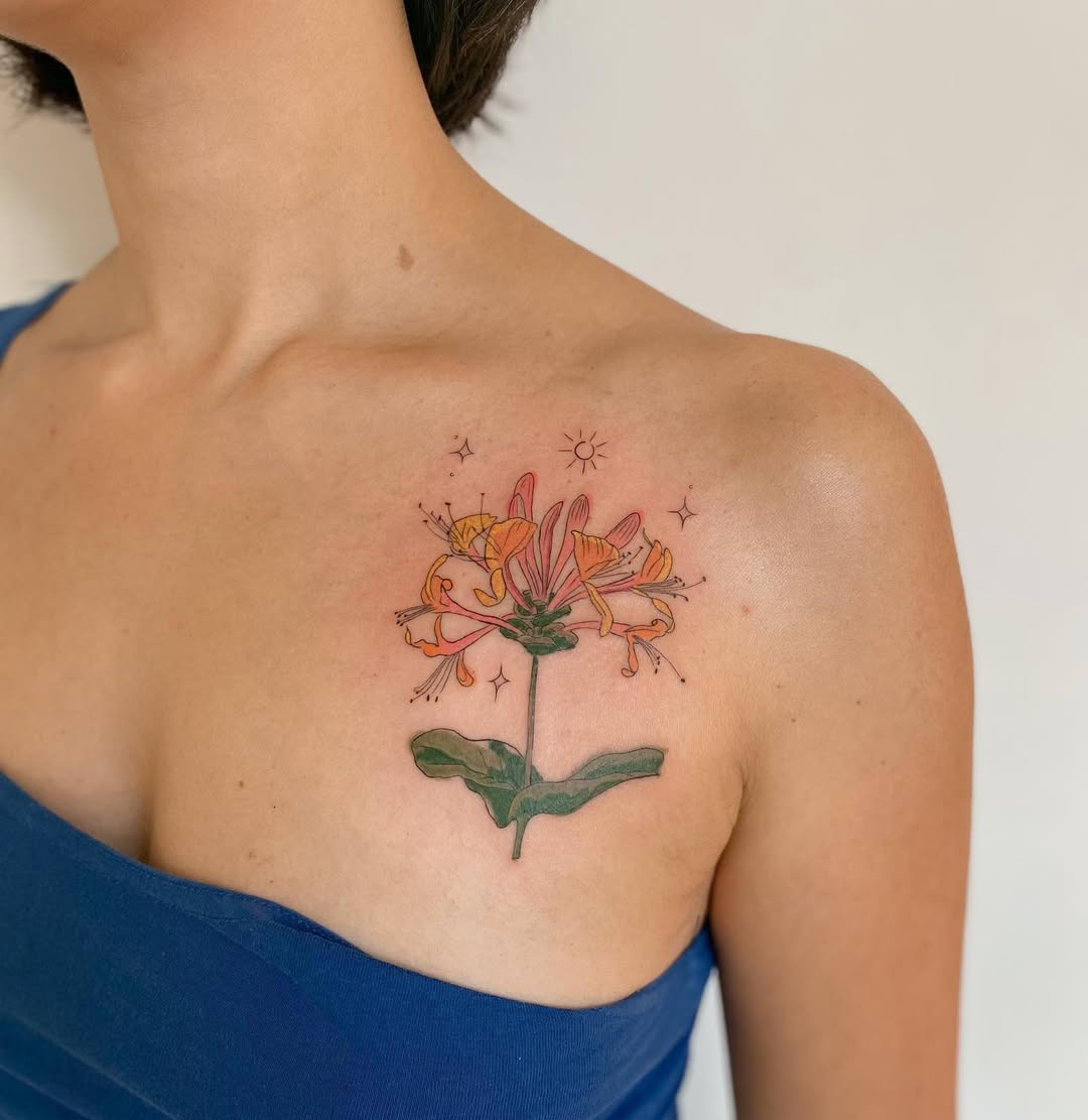 29 Honeysuckle Tattoo Ideas with Fine Line, Neo Traditional, Coral, and American Traditional Designs