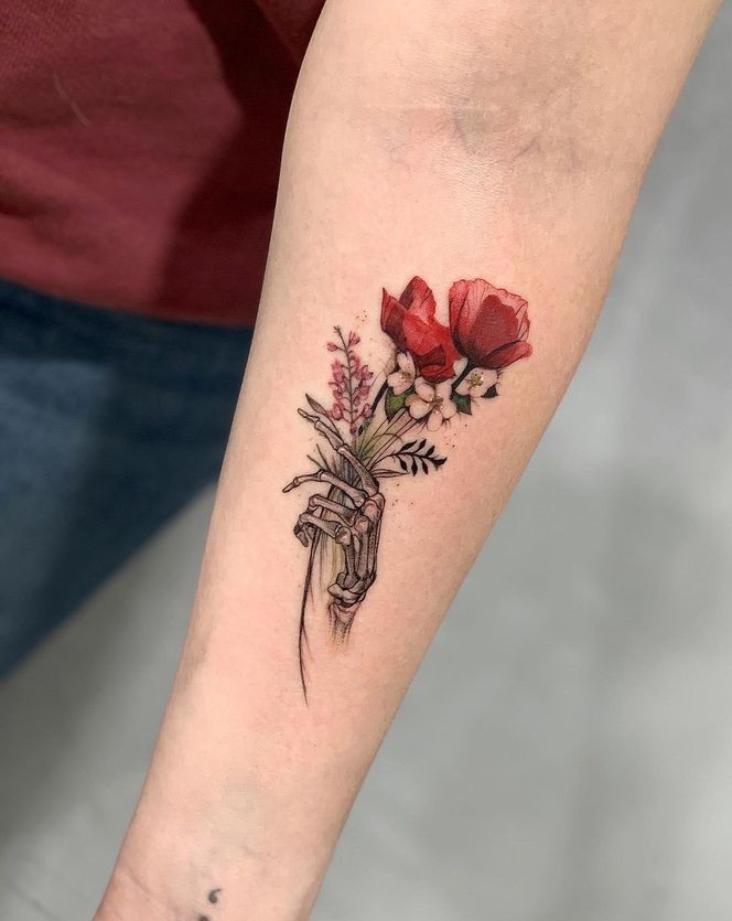 28 Skeleton Hand Tattoo Ideas Designs for Guy and Girl, Floral, Butterfly, Red ink and Full Body
